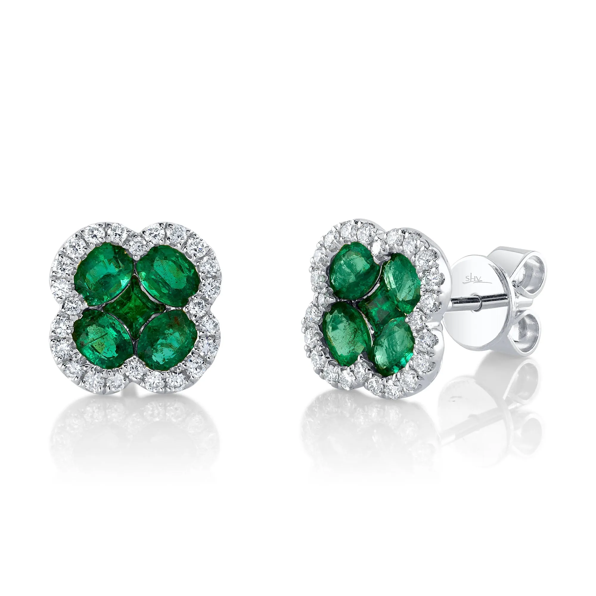 0.33CT DIAMOND & 1.29CT EMERALD 14K W/G CLOVER STUD EARRING