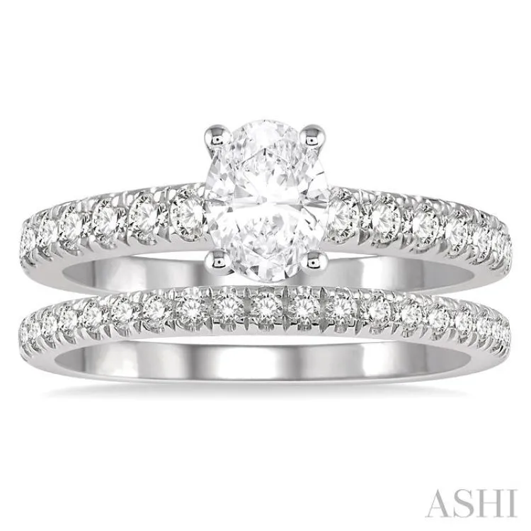 1 5/8 ct Diamond Wedding Set With 1 1/10 ct Oval Cut Engagement Ring and 1/2 ct Wedding Band in 14K White Gold