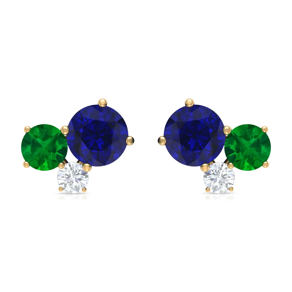 1 CT Blue Sapphire and Emerald Tiny Stud Earrings with Moissanite