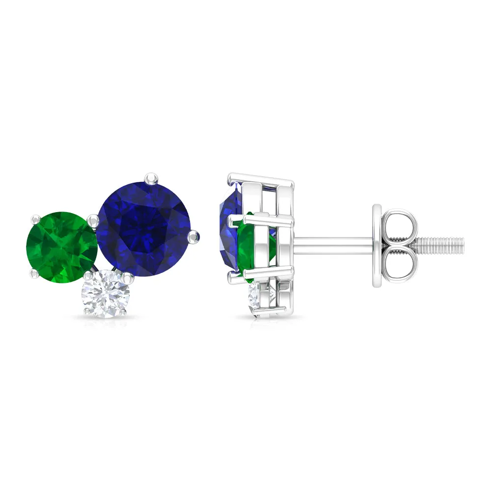 1 CT Blue Sapphire and Emerald Tiny Stud Earrings with Moissanite