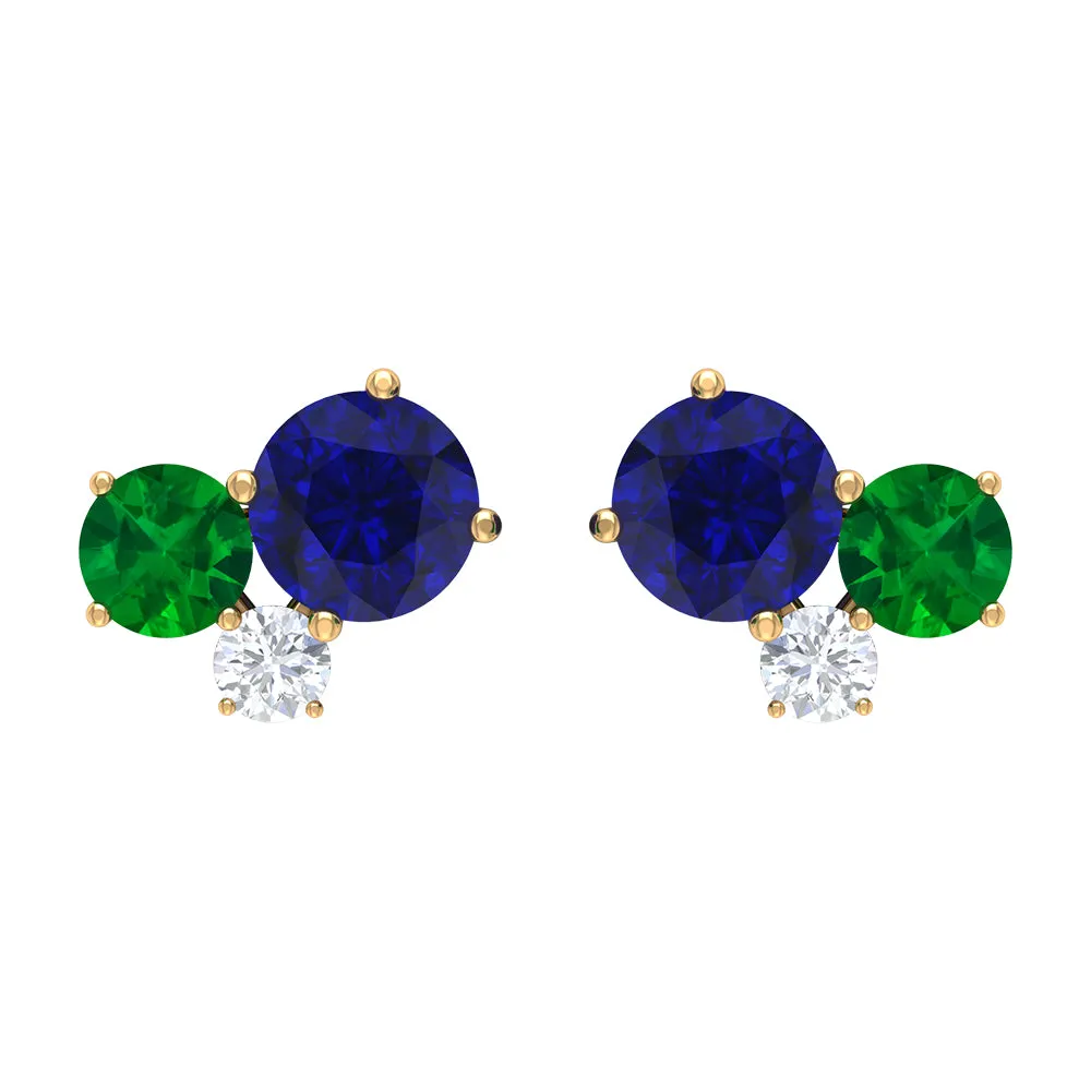 1 CT Blue Sapphire and Emerald Tiny Stud Earrings with Moissanite