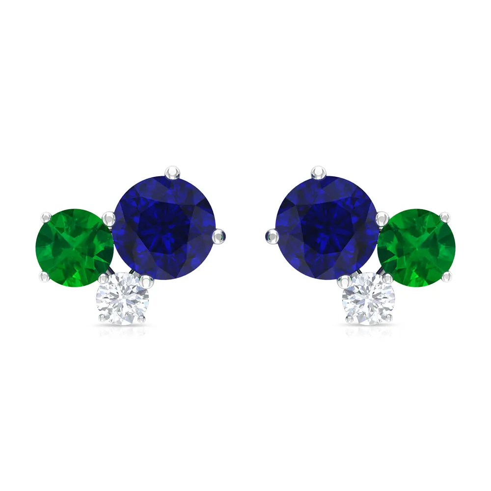 1 CT Blue Sapphire and Emerald Tiny Stud Earrings with Moissanite