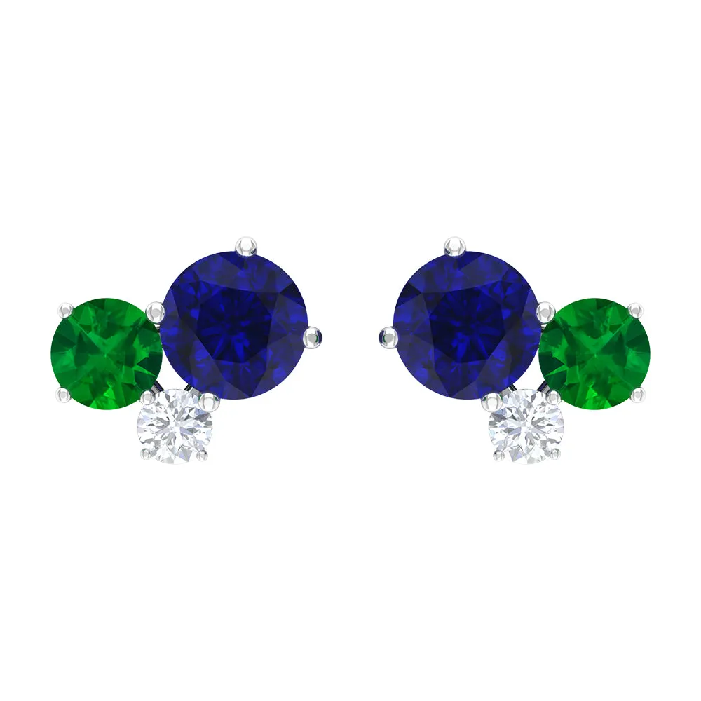 1 CT Blue Sapphire and Emerald Tiny Stud Earrings with Moissanite