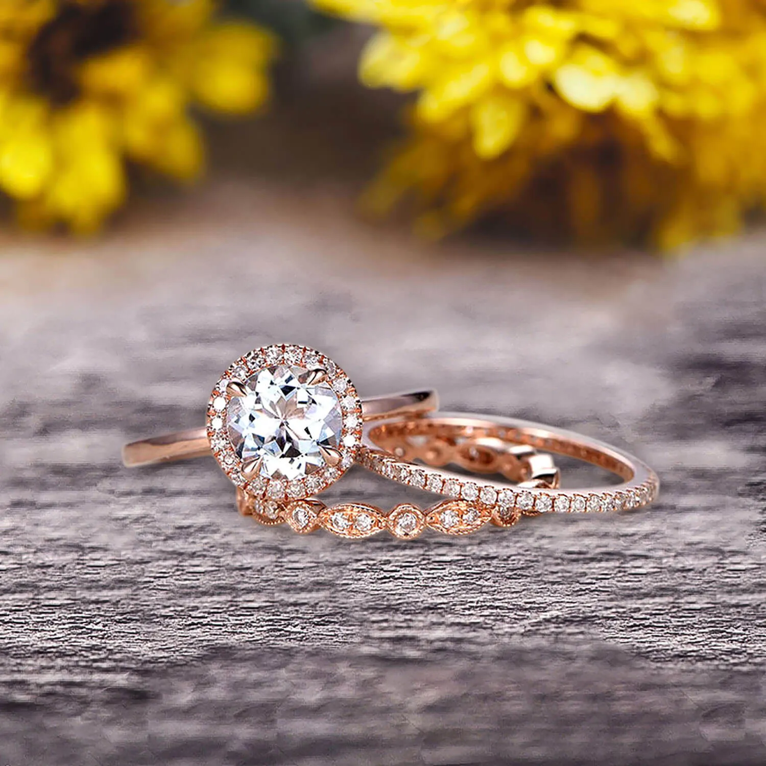 10k Rose Gold 1.75 Carat Round Cut Aquamarine Engagement Rings With Two Matching Wedding Band Moissanite Diamonds Halo Design Art Deco