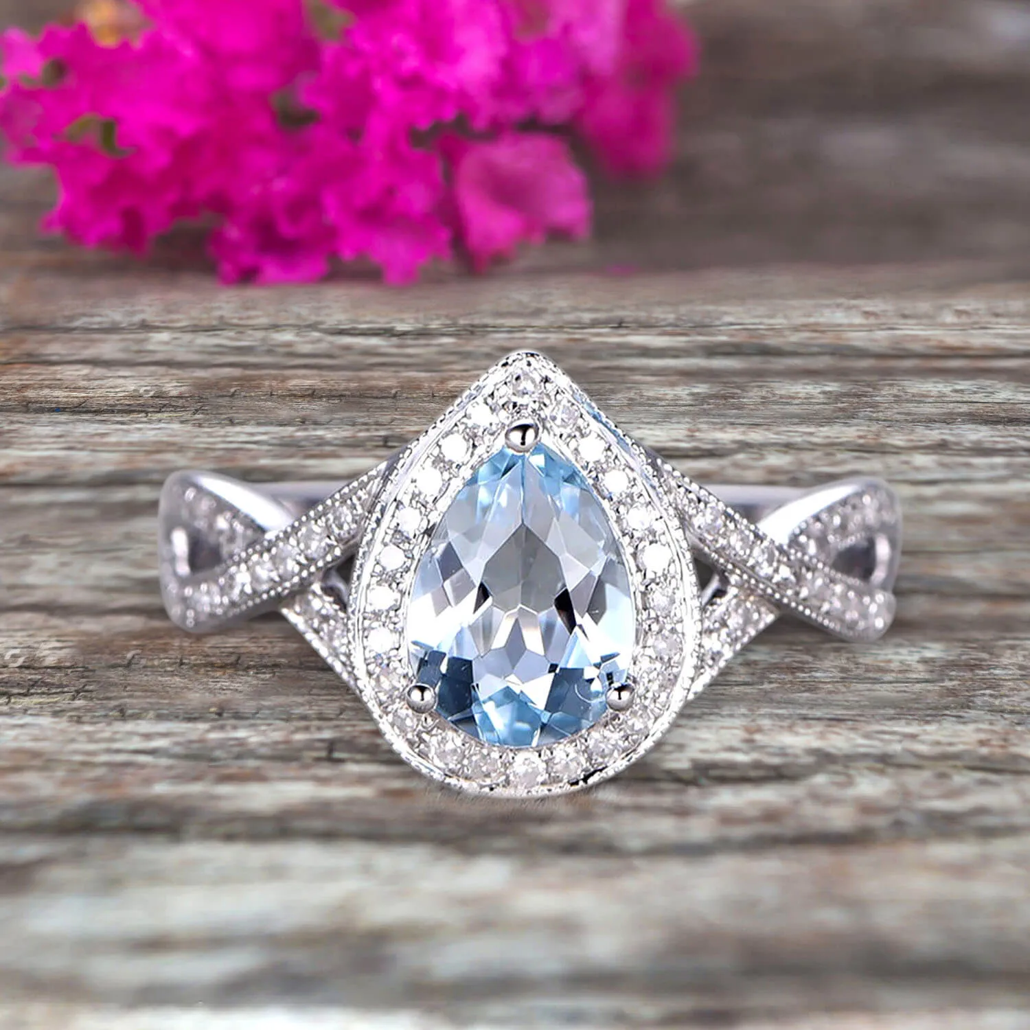 10k White Gold 1.50 Carat Pear Shape Aquamarine Engagement Rings With Moissanite Diamonds Halo Design