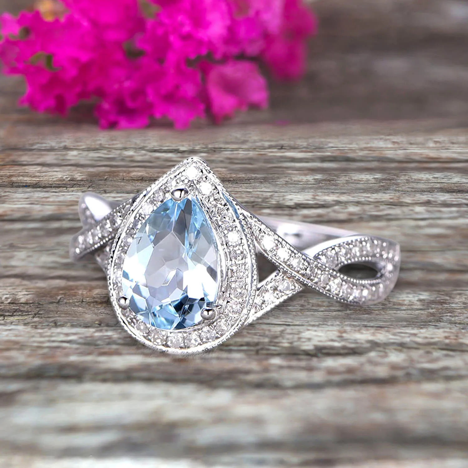 10k White Gold 1.50 Carat Pear Shape Aquamarine Engagement Rings With Moissanite Diamonds Halo Design