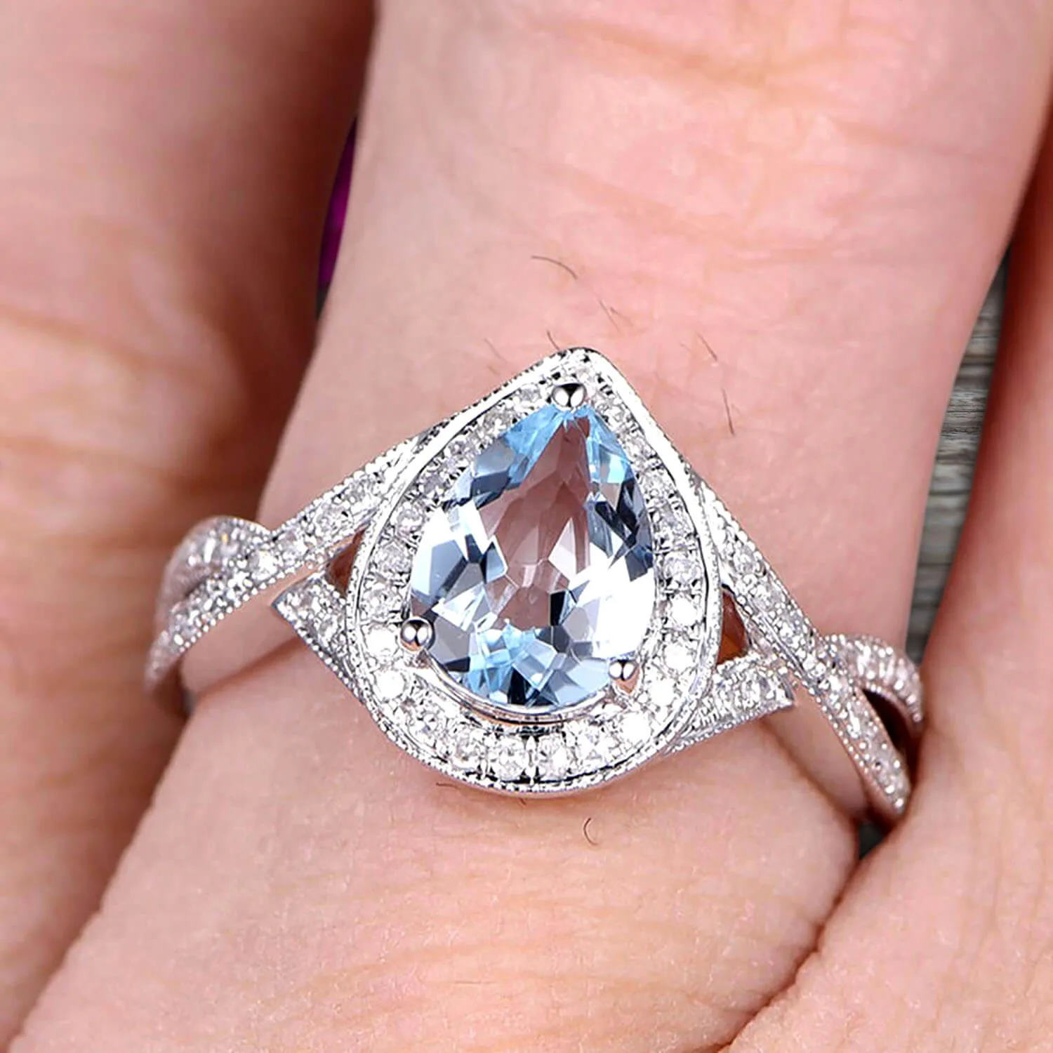 10k White Gold 1.50 Carat Pear Shape Aquamarine Engagement Rings With Moissanite Diamonds Halo Design