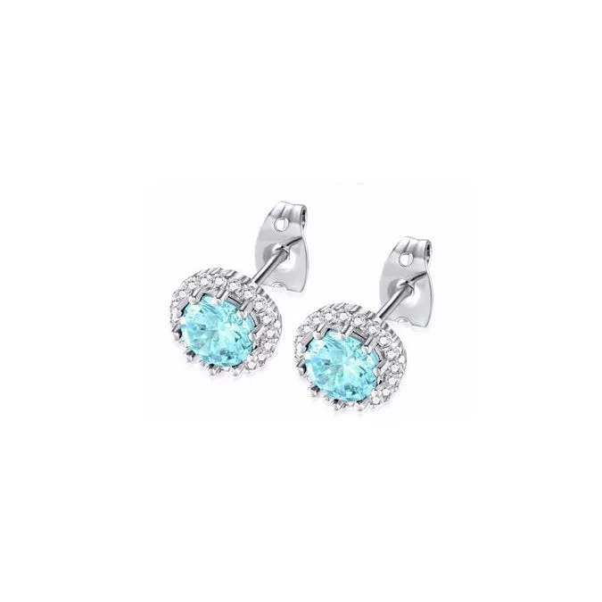 10k White Gold Plated 1/2 Ct Created Halo Round Aquamarine Stud Earrings