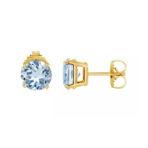 10k Yellow Gold Plated 3 Ct Round Created Aquamarine Sapphire Stud Earrings