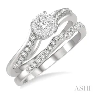 1/2 ctw Lovebright Diamond Wedding Set With 1/3 ctw Circular Mount Bypass Engagement Ring and 1/6 ctw Chevron Wedding Band in 14K White Gold