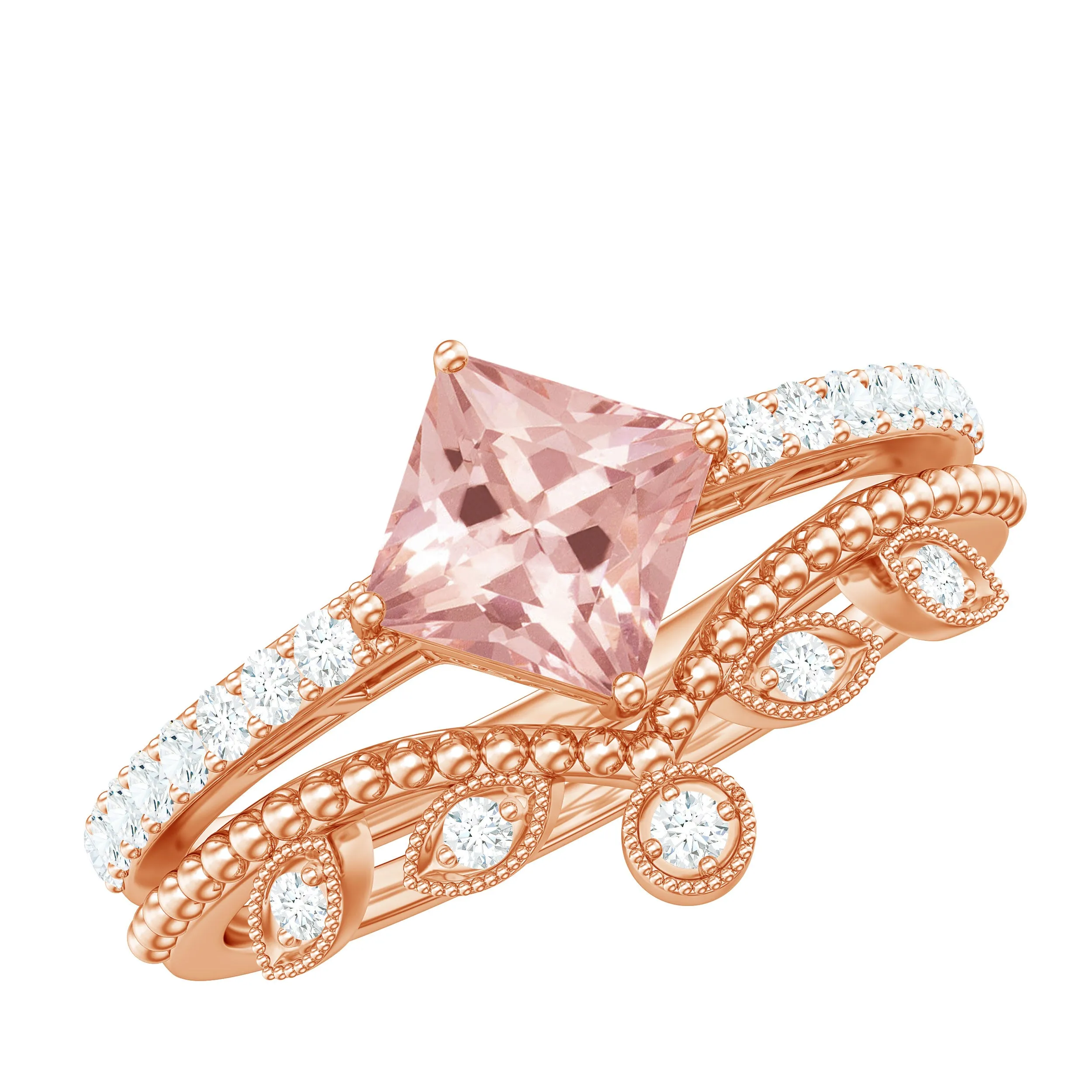 1.25 CT Vintage Style Princess Cut Morganite Ring Set with Diamond