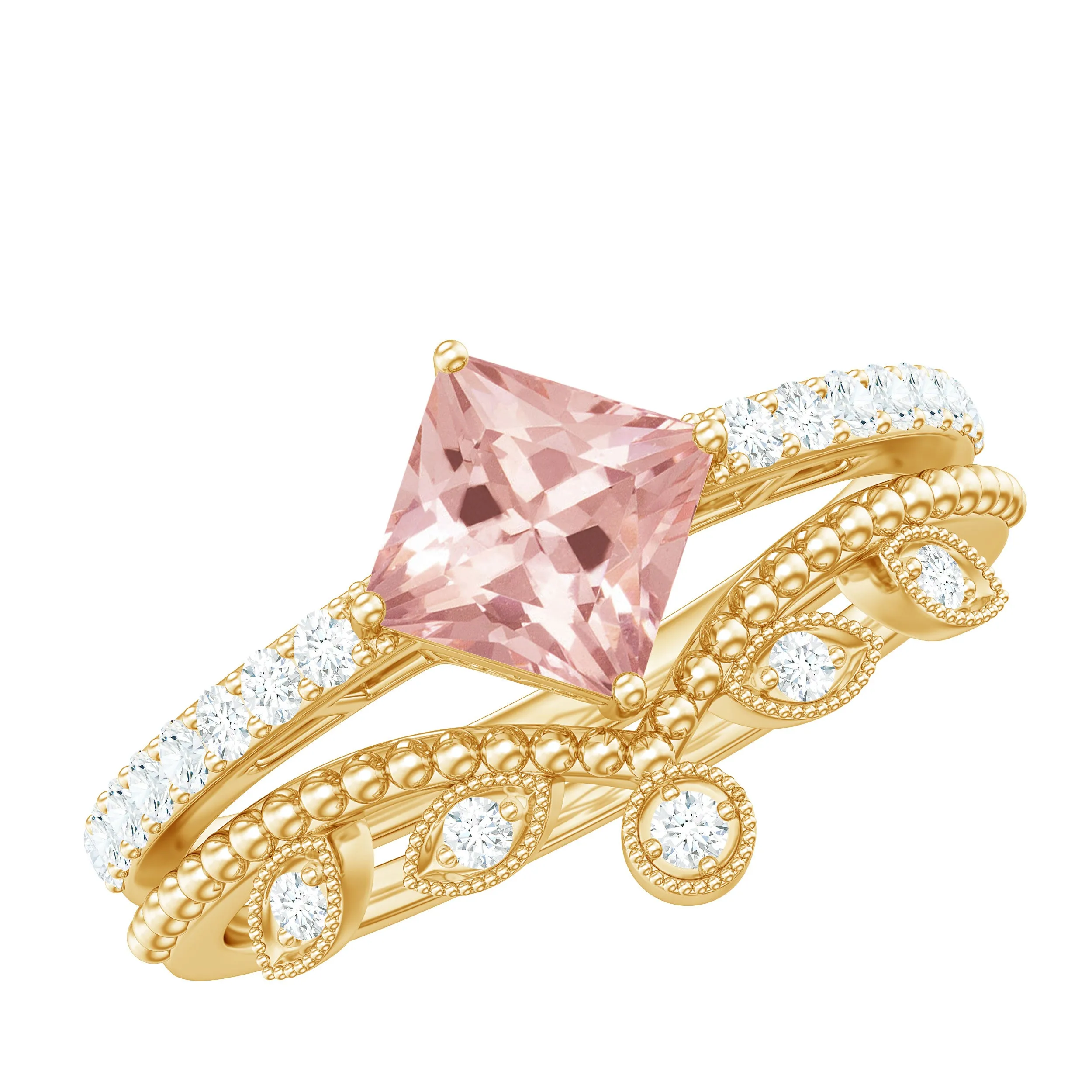 1.25 CT Vintage Style Princess Cut Morganite Ring Set with Diamond