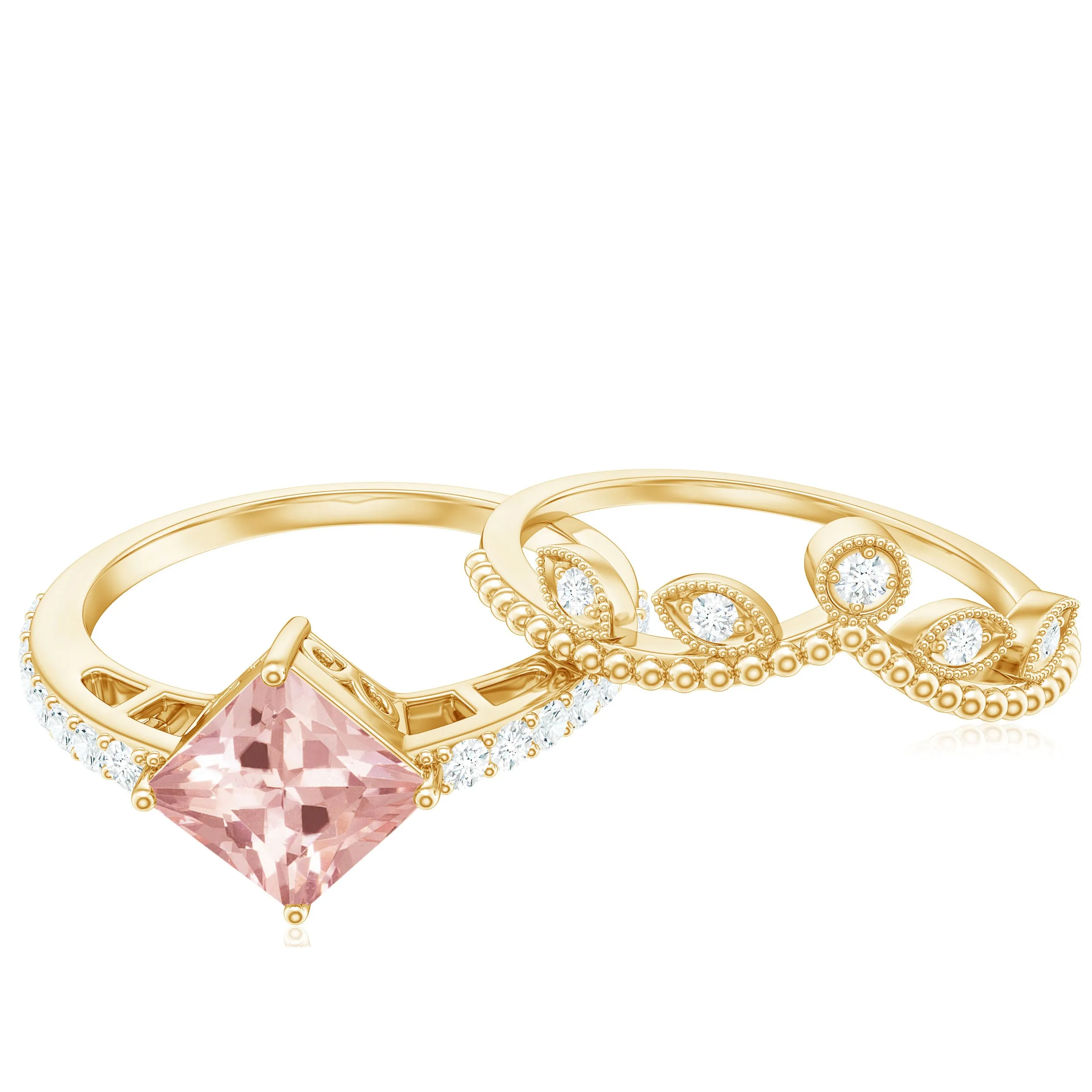 1.25 CT Vintage Style Princess Cut Morganite Ring Set with Diamond