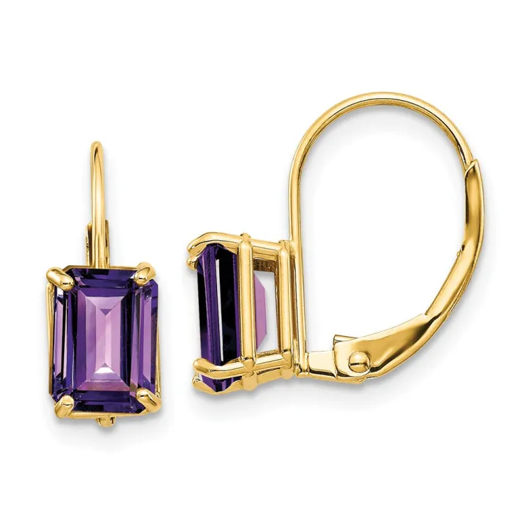 14k 7x5mm Emerald Cut Amethyst Leverback Earrings