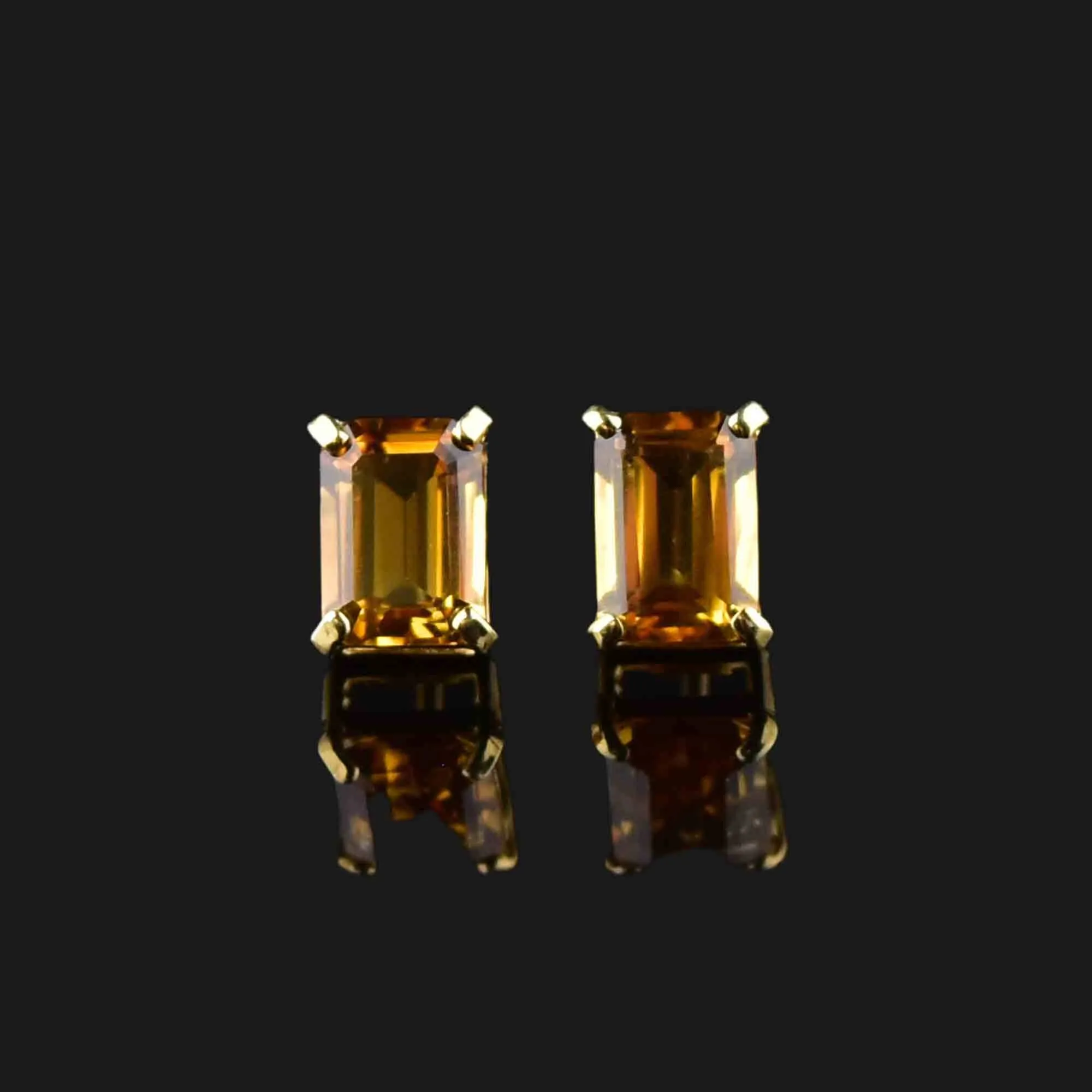 14K Gold Emerald Step Cut Citrine Stud Earrings