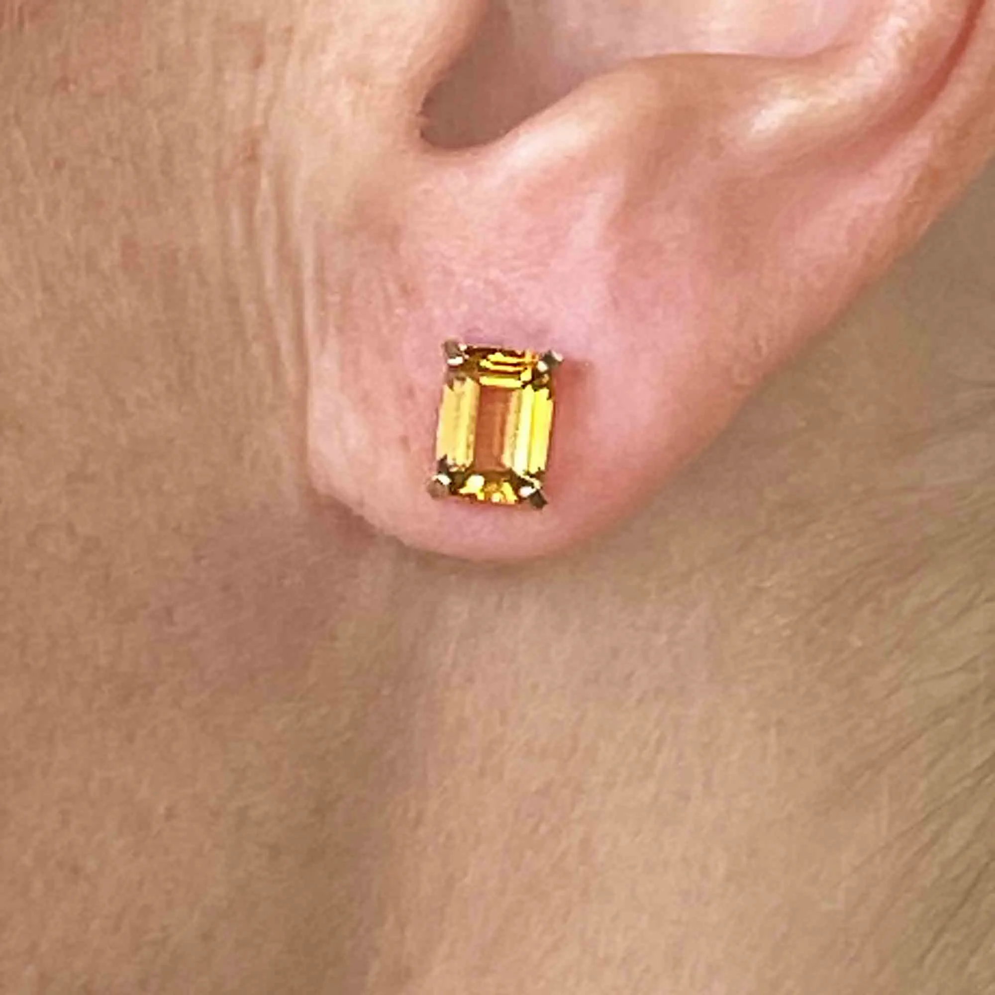 14K Gold Emerald Step Cut Citrine Stud Earrings