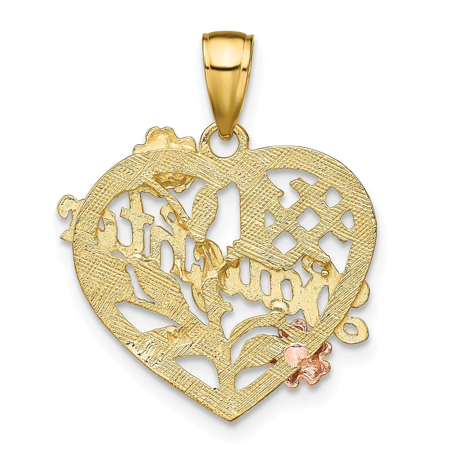 14k Two Tone Gold, White Rhodium Flat Back #1 DAUGHTER Heart Shape with Flowers Design Charm Pendant