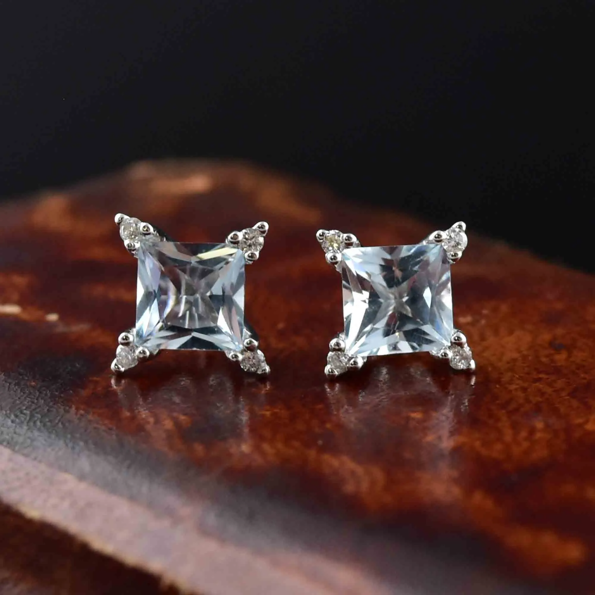 14K White Gold Diamond Princess Cut Aquamarine Stud Earrings