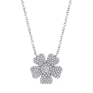 14K White Gold Pave Diamond Flower Necklace