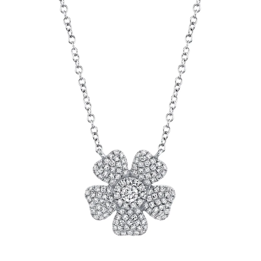 14K White Gold Pave Diamond Flower Necklace