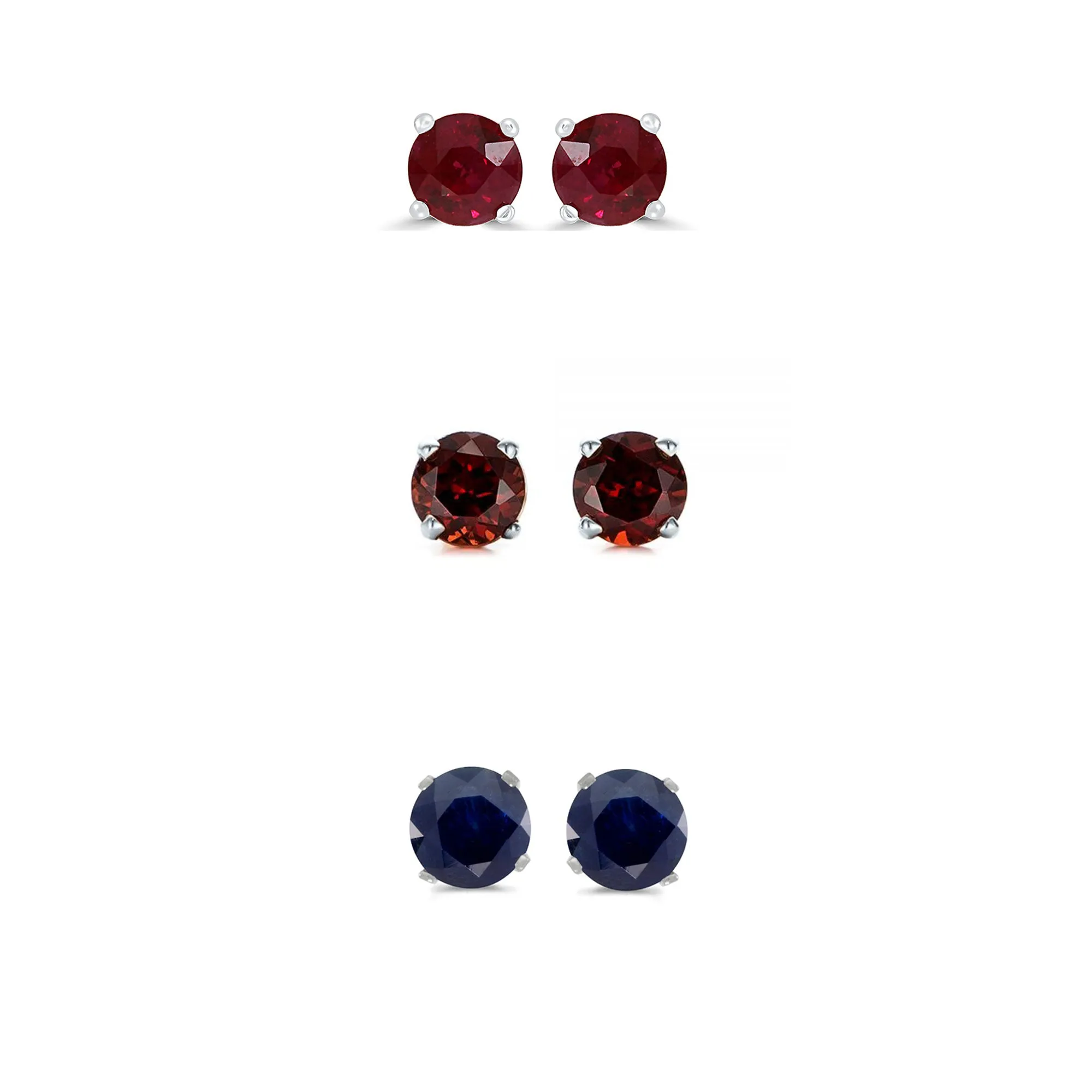 14k White Gold Plated 1/2Ct Created Ruby, Garnet and Black Sapphire 3 Pair Round Stud Earrings