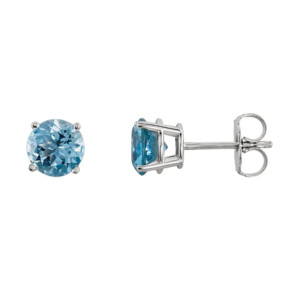 14k White Gold Plated 3 Carat Round Created Aquamarine Sapphire Stud Earrings