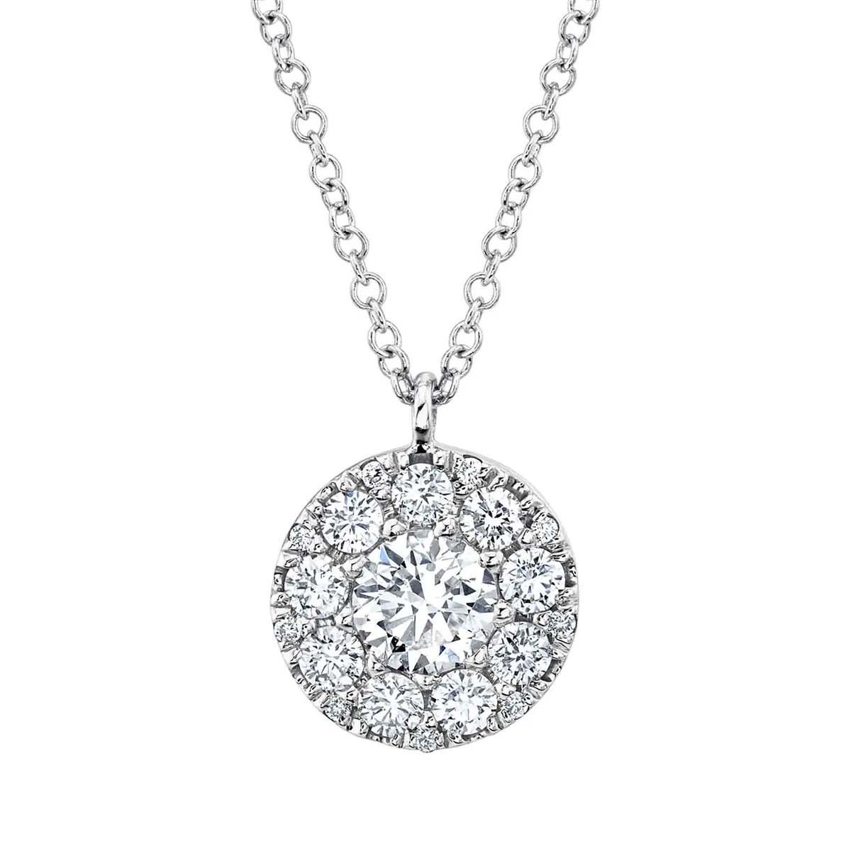 14K White Gold Round Diamond Cluster Necklace