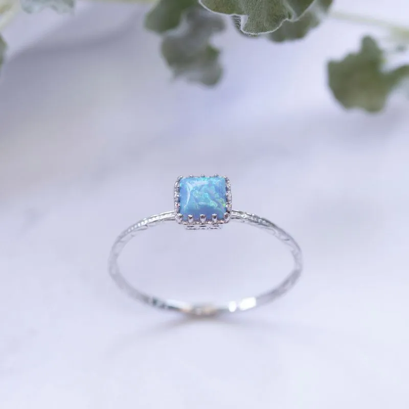 14K White Gold Square Blue Opal 5X5mm Ring