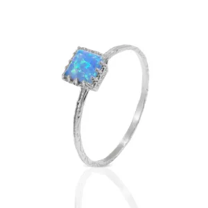 14K White Gold Square Blue Opal 5X5mm Ring