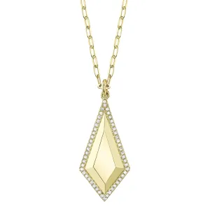 14K Yellow Gold Brushed Elongated Diamond Shaped Pendant with Diamond Halo on Mini Paperclip Chain