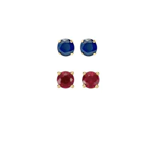 14k Yellow Gold Plated 2Ct Created Blue sapphire and  Ruby 2 Pair Round Stud Earrings