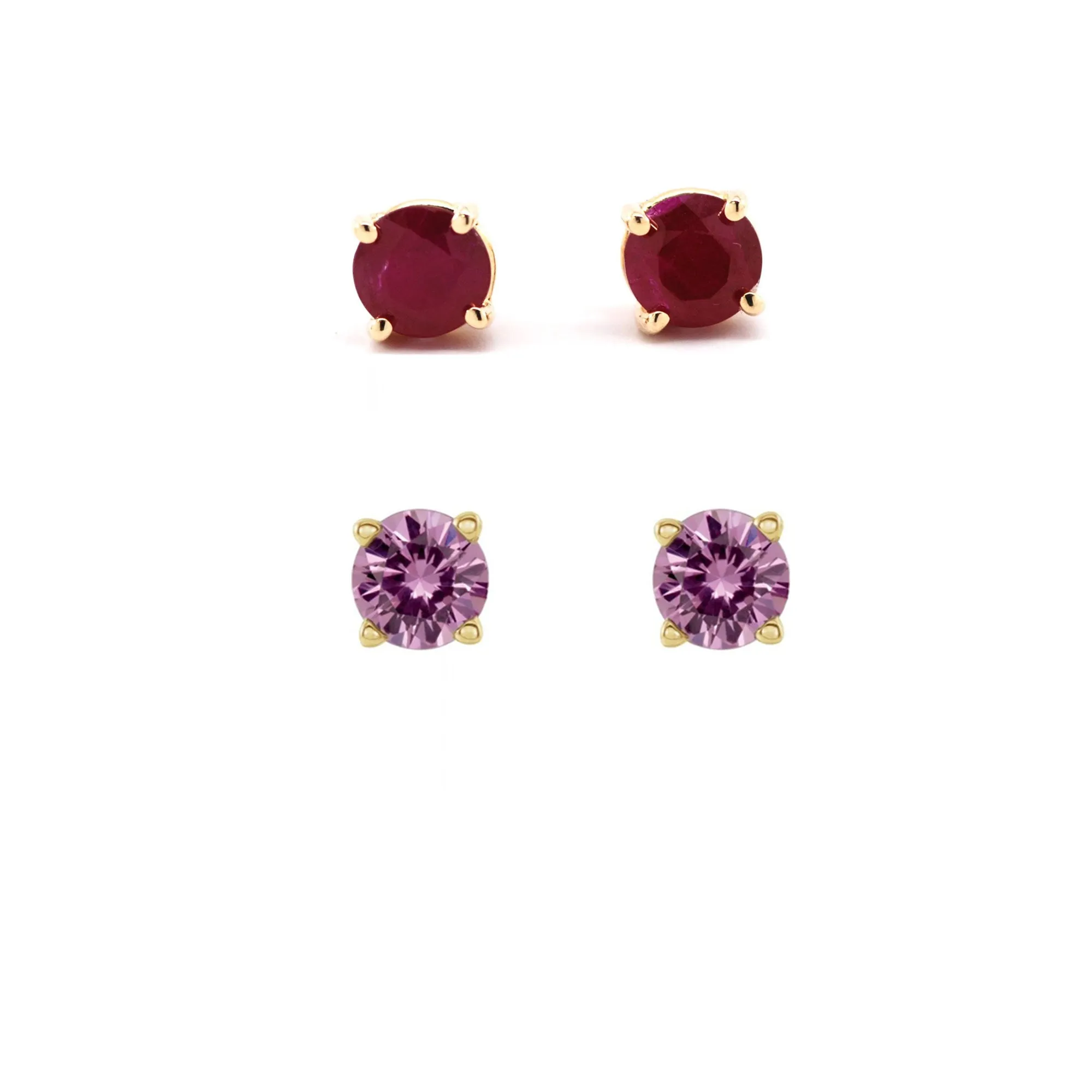 14k Yellow Gold Plated 4Ct Created Ruby and Pink Sapphire 2 Pair Round Stud Earrings