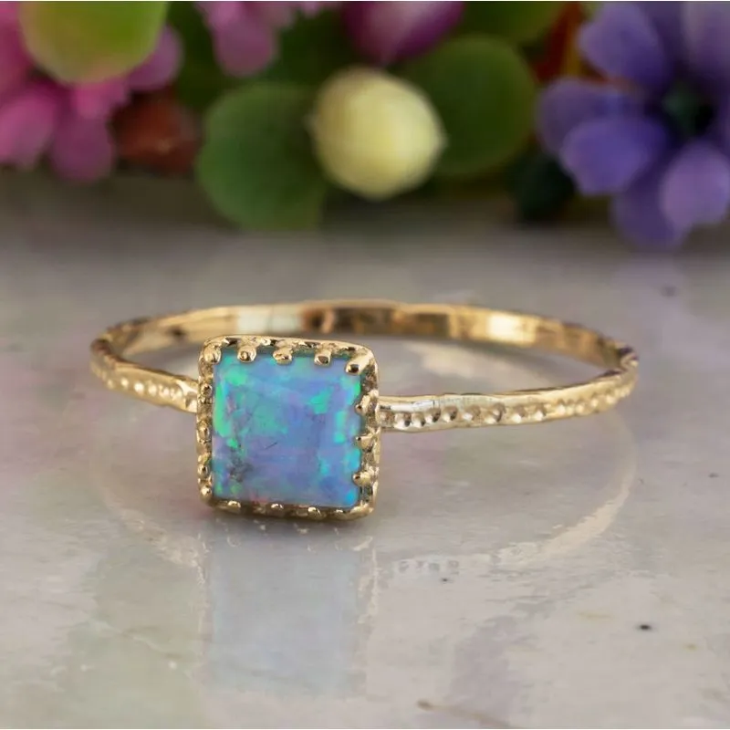 14K Yellow Gold Square Blue Opal 5X5mm Ring