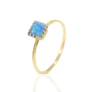 14K Yellow Gold Square Blue Opal 5X5mm Ring