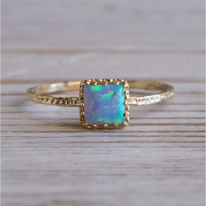 14K Yellow Gold Square Blue Opal 5X5mm Ring