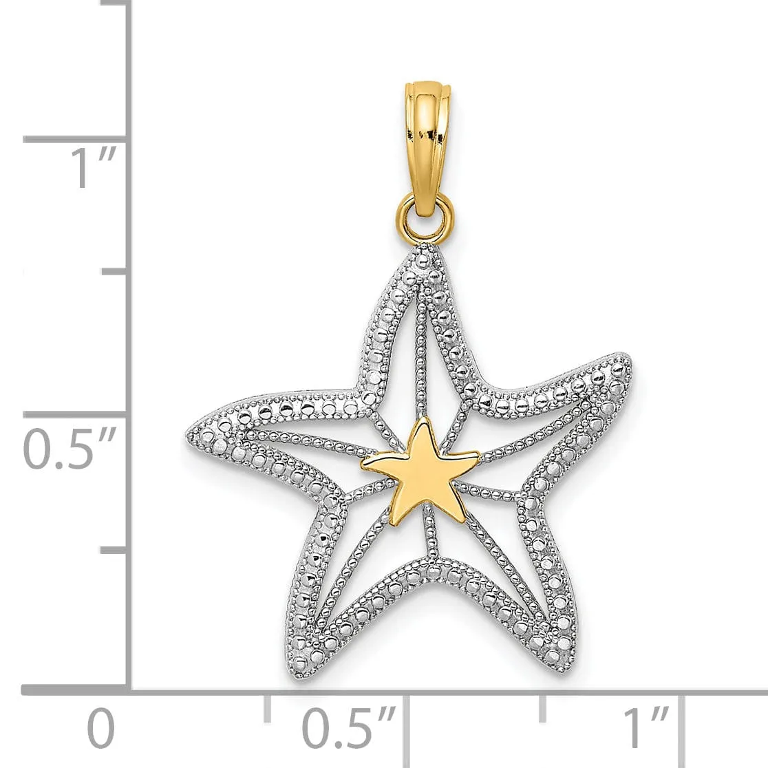 14K Yellow Gold White Rhodium Texture Polished Finish Small Cut Out with Star Design Starfish Charm Pendant