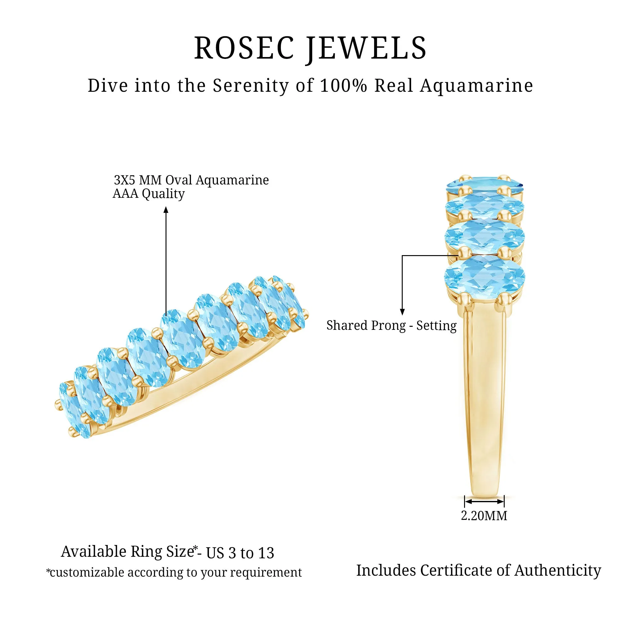 1.50 CT Oval Cut Aquamarine Semi Eternity Ring in Gold