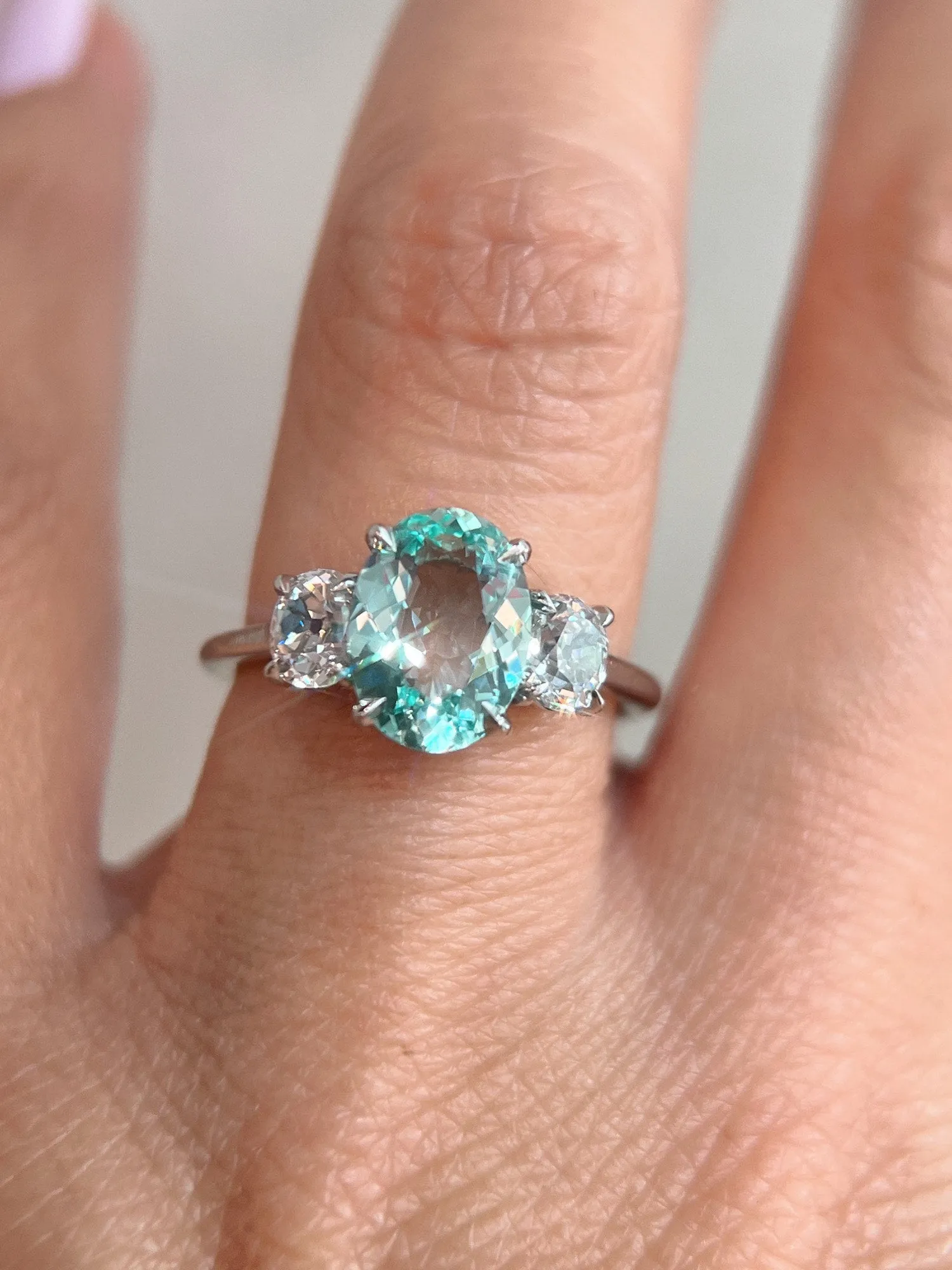 1.57ct Paraiba Aquamarine & Old European Diamond Trinity Ring