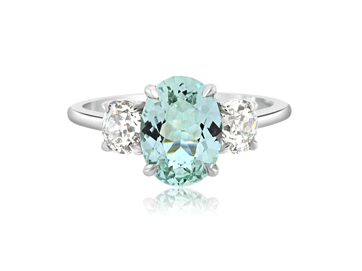 1.57ct Paraiba Aquamarine & Old European Diamond Trinity Ring