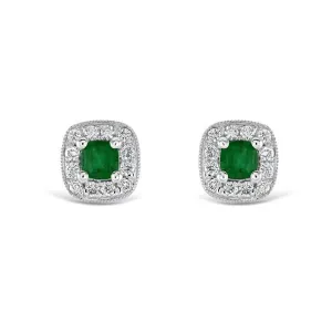 18ct White Gold Millegrain Set Round Cut Emerald & Diamond Cushion Cluster Stud Earrings