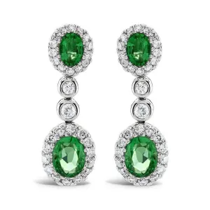 18ct White Gold Oval Cut Emerald & Diamond Cluster Drop Earrings