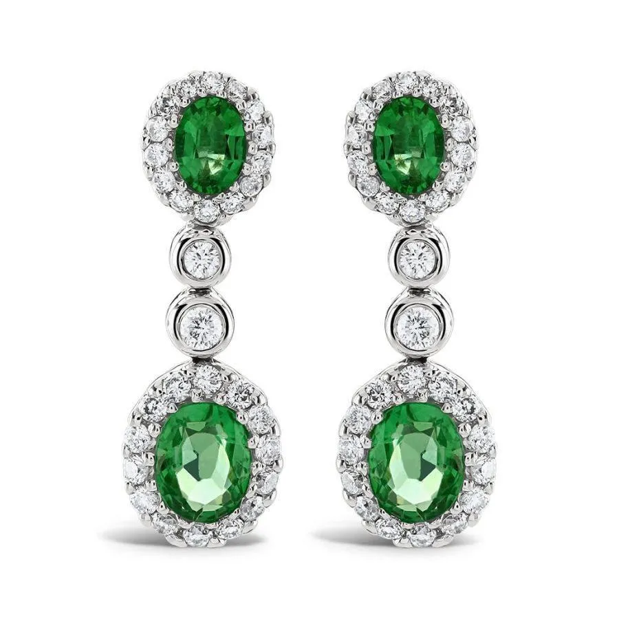 18ct White Gold Oval Cut Emerald & Diamond Cluster Drop Earrings