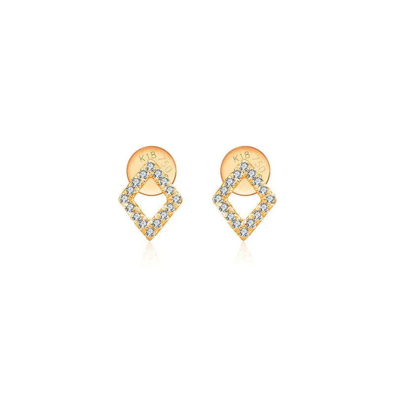 18k Gold Hollow Diamond Shape Diamond Earring