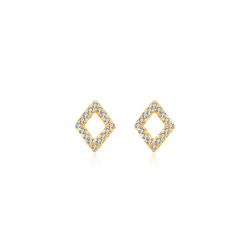 18k Gold Hollow Diamond Shape Diamond Earring