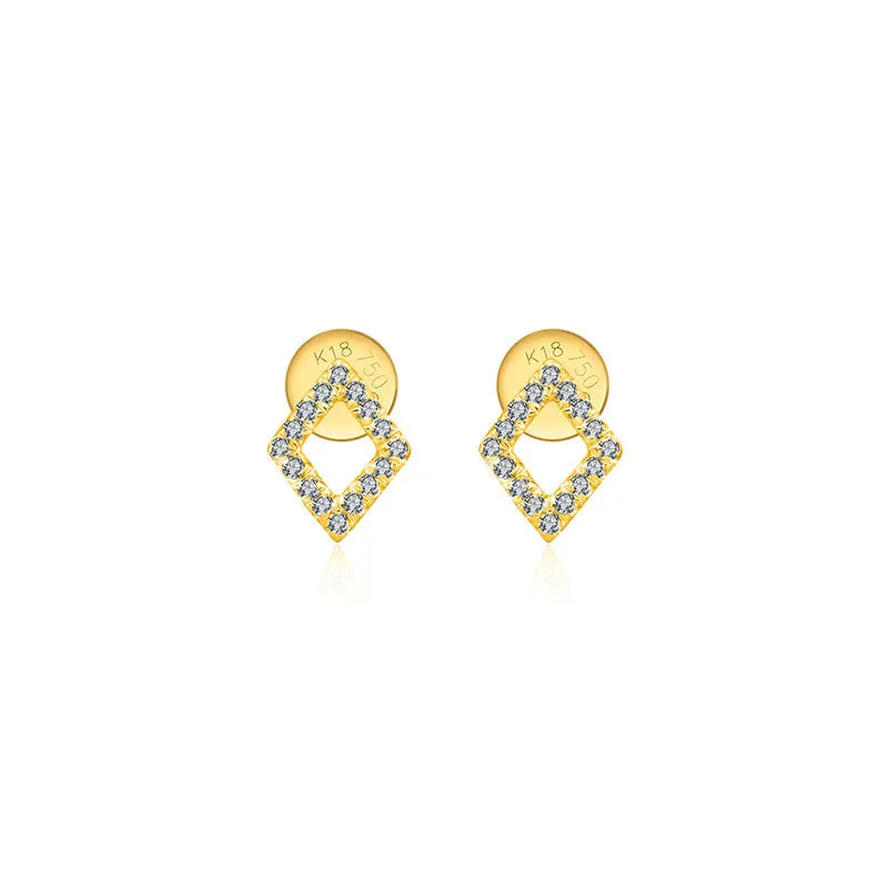 18k Gold Hollow Diamond Shape Diamond Earring