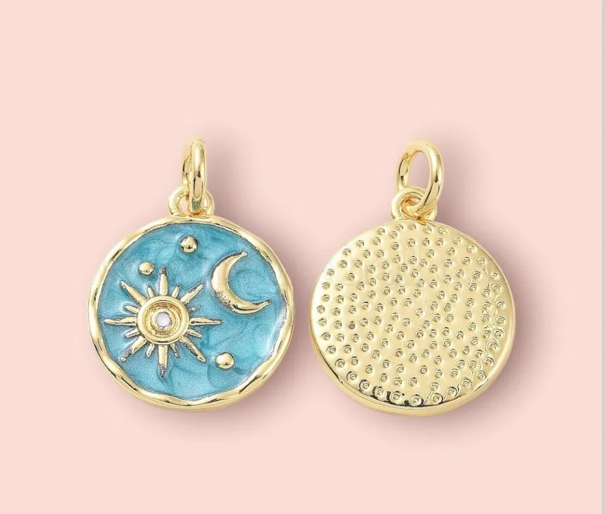 18K Gold Plated Huggies hoop Sun & Moon charm turquoise blue green disc Earrings dangly