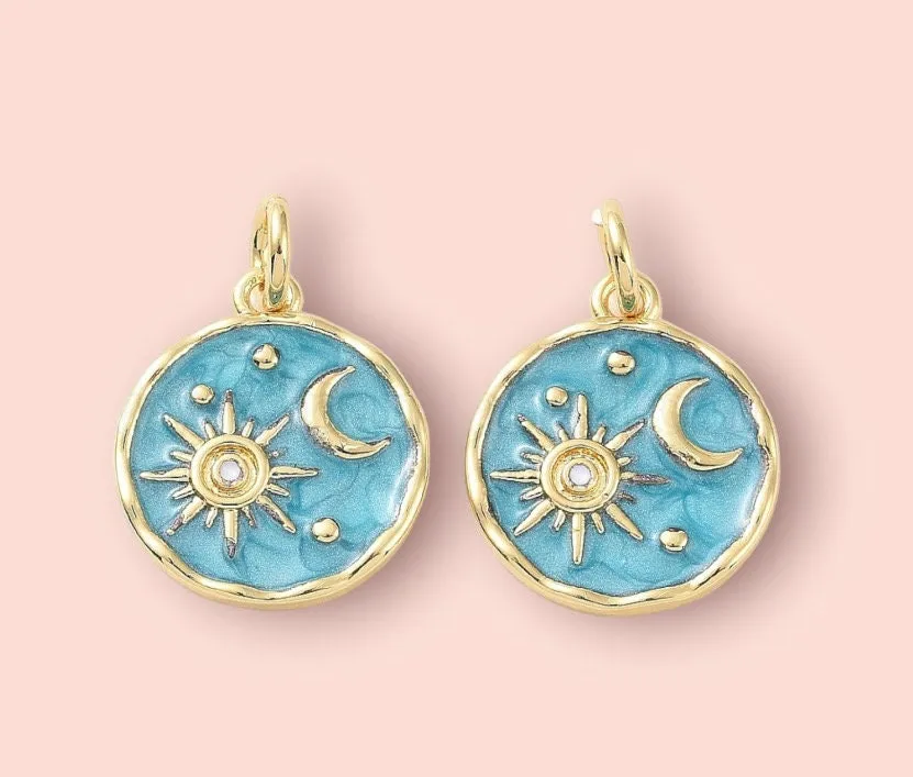 18K Gold Plated Huggies hoop Sun & Moon charm turquoise blue green disc Earrings dangly