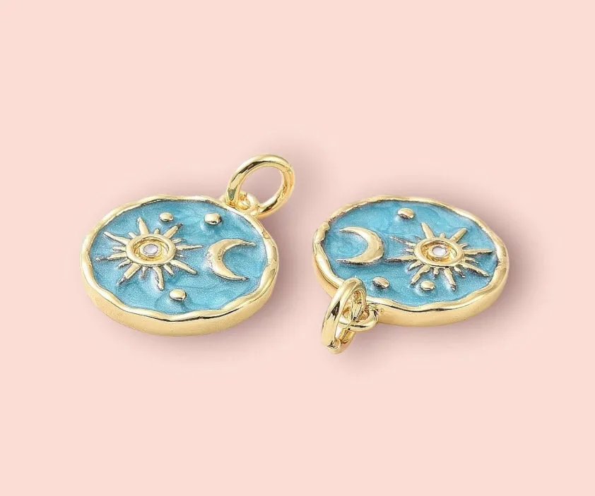 18K Gold Plated Huggies hoop Sun & Moon charm turquoise blue green disc Earrings dangly