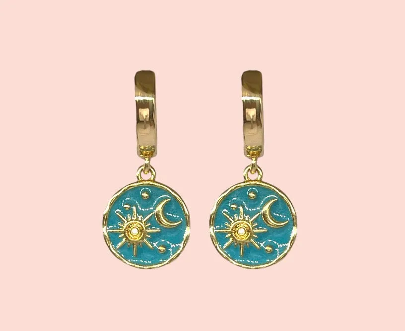 18K Gold Plated Huggies hoop Sun & Moon charm turquoise blue green disc Earrings dangly