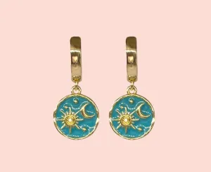 18K Gold Plated Huggies hoop Sun & Moon charm turquoise blue green disc Earrings dangly